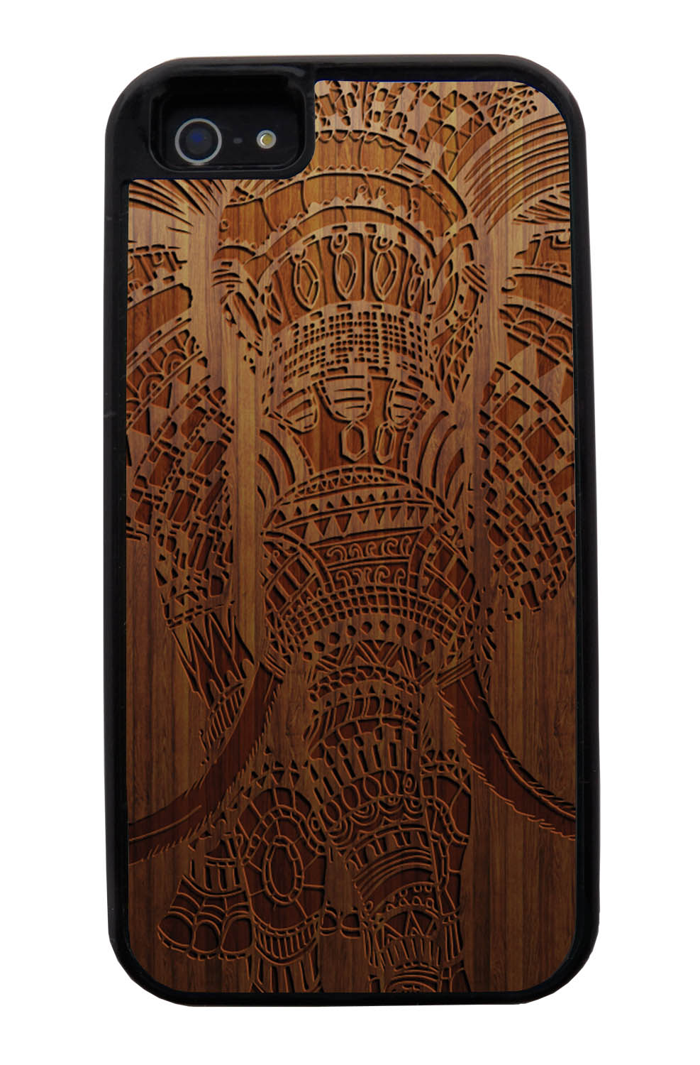 Apple iPhone 5 / 5S Aztec Case - Simulated Oak Wood Engraving - Tribal Elephant - Black Tough Hybrid Case