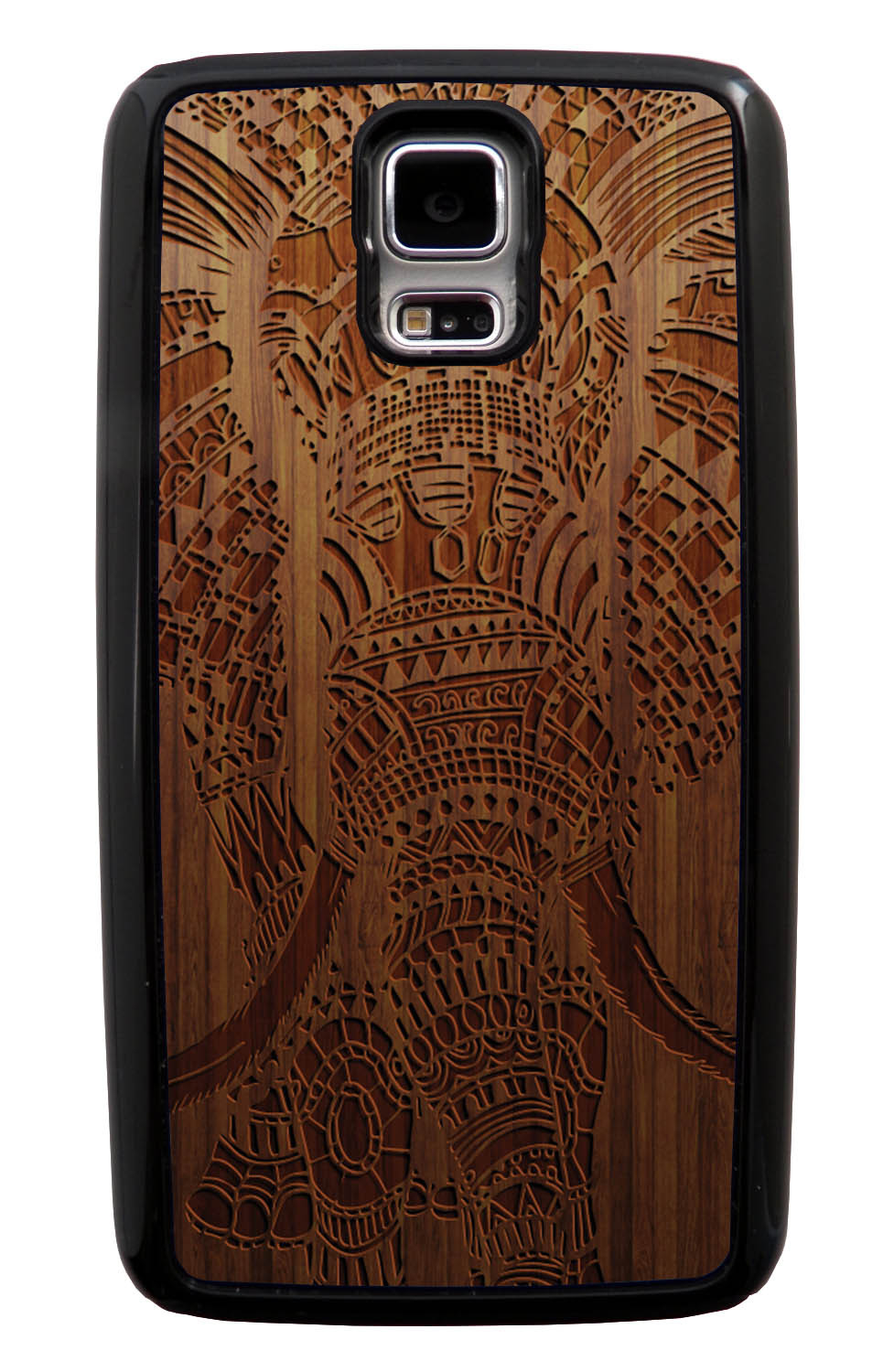 Samsung Galaxy S5 / SV Aztec Case - Simulated Oak Wood Engraving - Tribal Elephant - Black Tough Hybrid Case