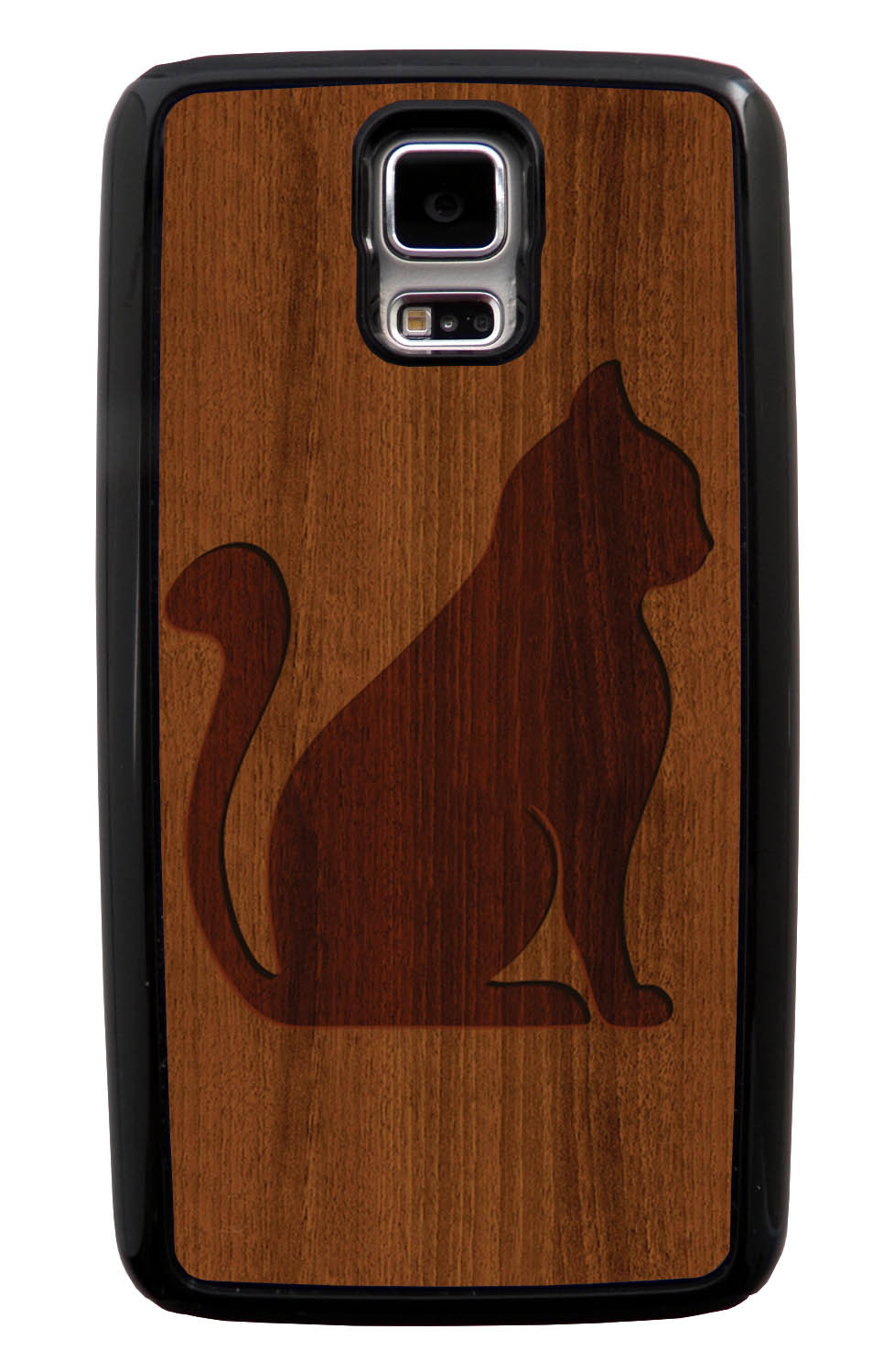Samsung Galaxy S5 / SV Cat Case - Simulated Cherry Wood Engraving Sitting Cat - Simple Stencils Cutout - Black Tough Hybrid Case