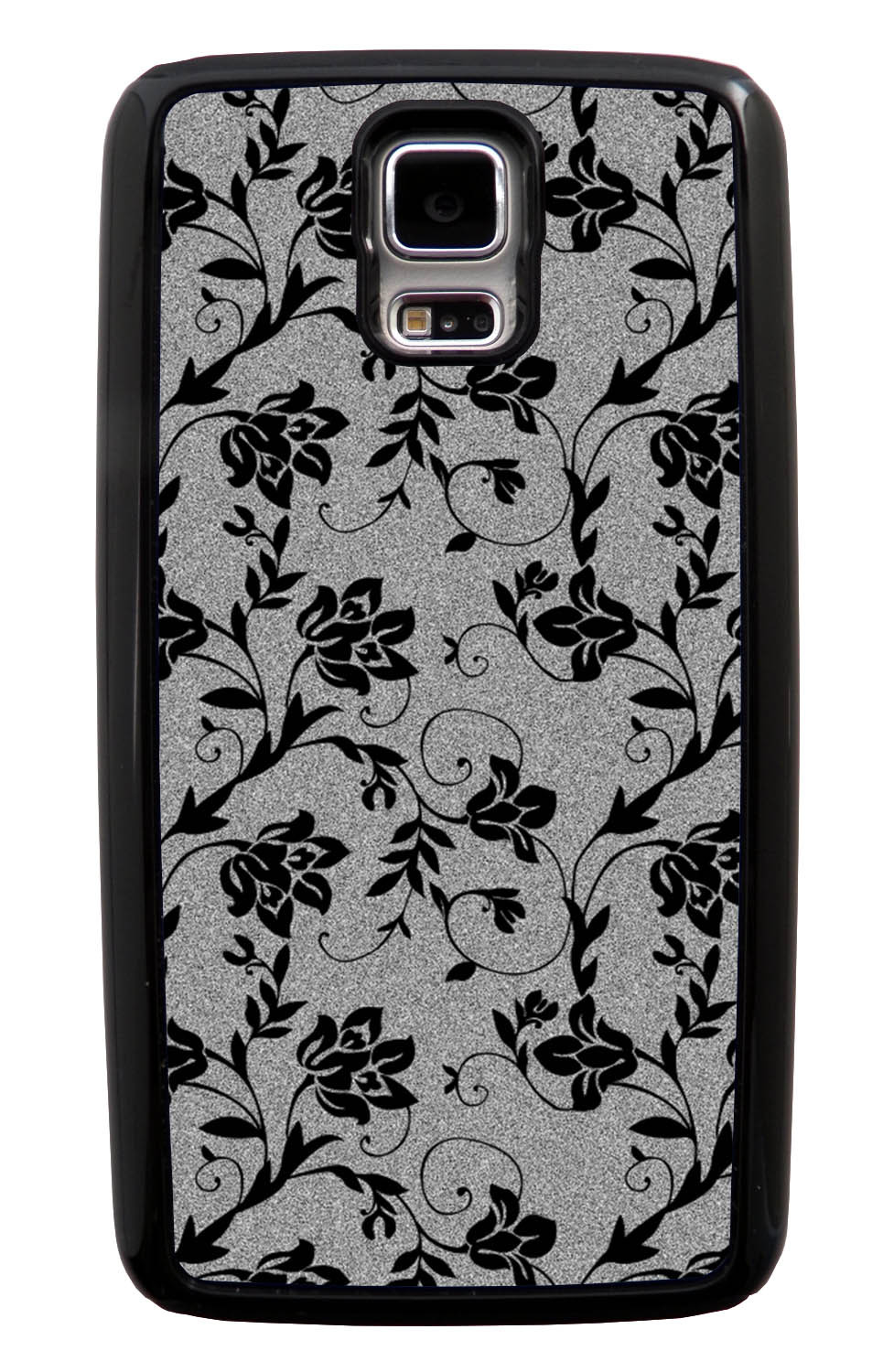 Samsung Galaxy S5 / SV Flower Case - Black on Textured Grey - Stencil Cutout - Black Tough Hybrid Case