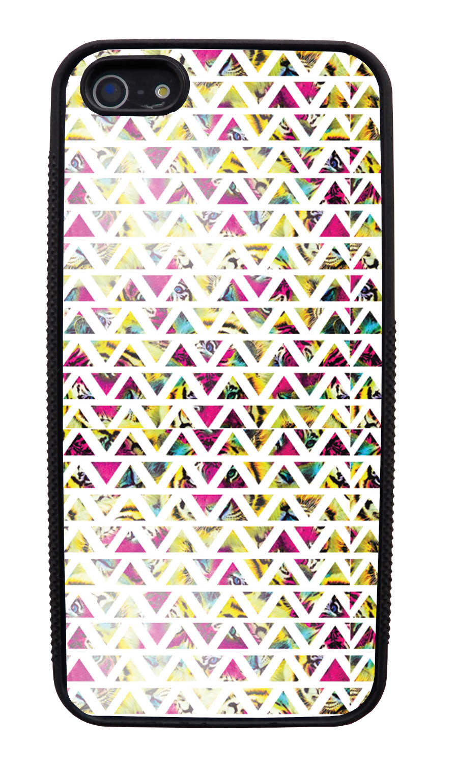 Apple iPhone 5 / 5S Aztec Case - Triangles On Pink Yellow Tiger - Geometric - Black Slim Rubber Case