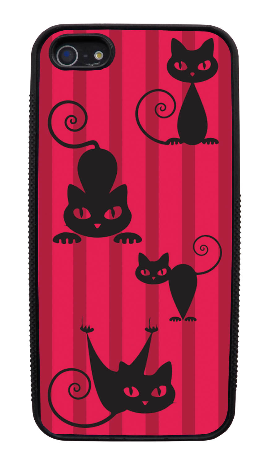 Apple iPhone 5 / 5S Cat Case - Black Cat on Red Stripes - Simple Stencils Cutout - Black Slim Rubber Case
