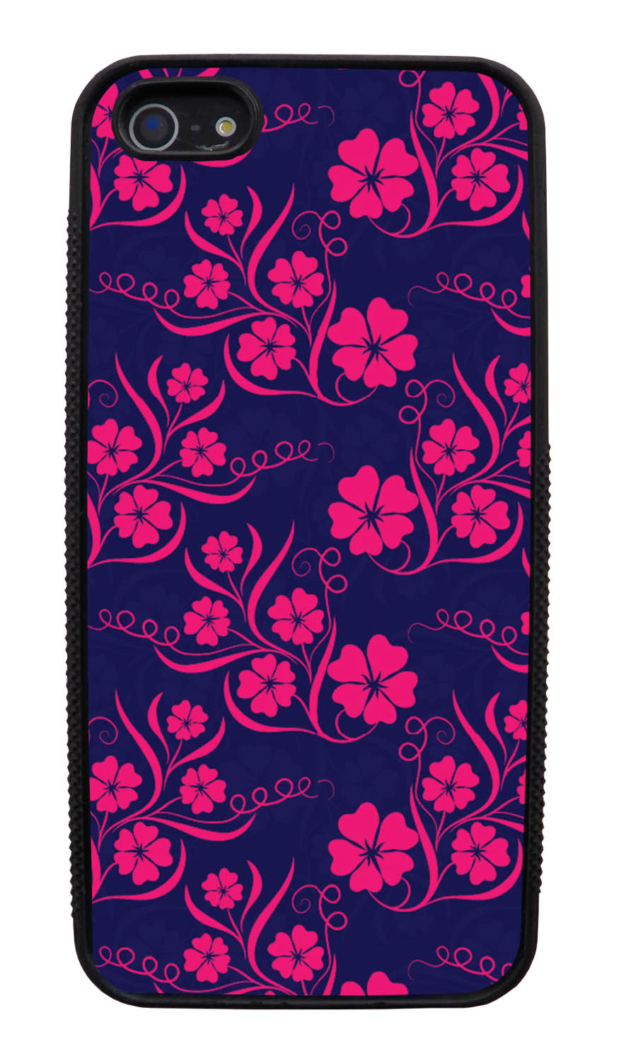 Apple iPhone 5 / 5S Flower Case - Hot Pink on Navy Blue - Stencil Cutout - Black Slim Rubber Case